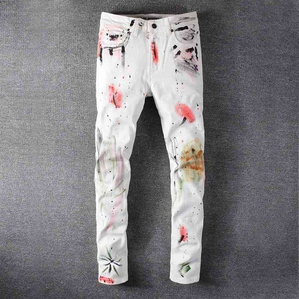

jeans gaojiechao brand white graffiti painted stretch slim legged pants, Blue