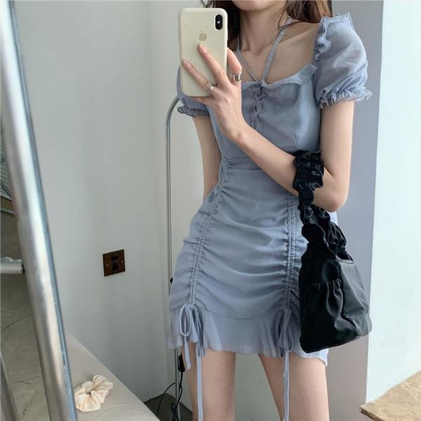 

ruffled fairy mini chiffon womens tracksuits dress puff sleeve square collar drawstring high waist slim wrinkled party, Gray