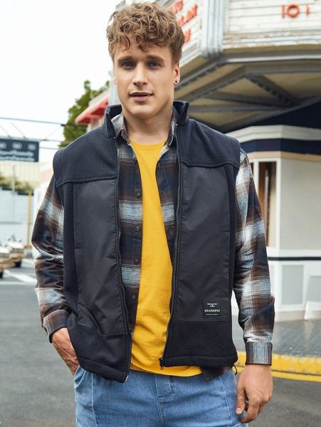 

men patched detail zipper fleece vest jacket i66g#, Black;brown