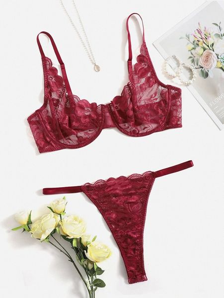 

plus floral lace underwire lingerie set k3nr#, Black;white