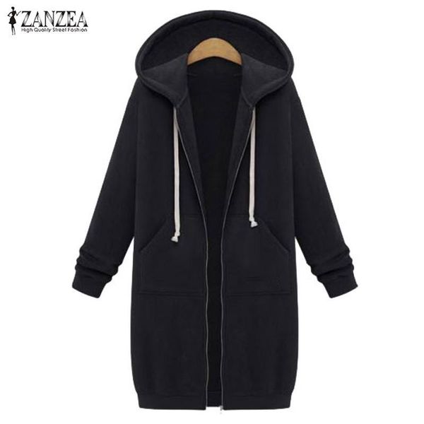 

women's hoodies & sweatshirts zanzea 2021 autumn winter fashion women long hooded sweatshirt coat casual pockets zip up outerwear jacke, Black