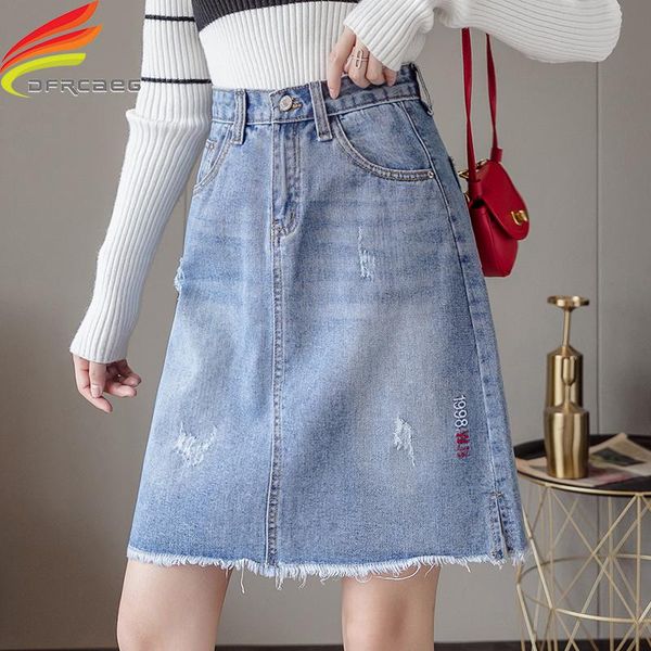 

skirts high waist denim skirt 2021 autumn arrivals korean style women midi letter embroidery jeans washed saia, Black