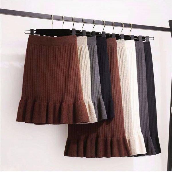

skirts thickknitted knitted skirt short autumn and winter long slim mare lotus leaf side one-step fishtail bag hip, Black