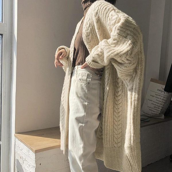 

women's knits & tees lugentolo knitted cardigan women long sweater fall fashion solid color v-neck sleeve loose sweters for, White
