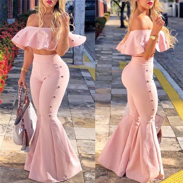 

off shoulder ruffles two womenpant piece set slash neck crop and flare pant full length bell bottom clubwear, White