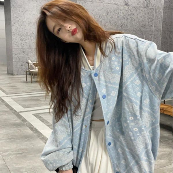 

women's jackets retro cashew flower print baseball uniform jacket female autumn 2021 fashion hip-hop streetwear blue loose couple, Black;brown