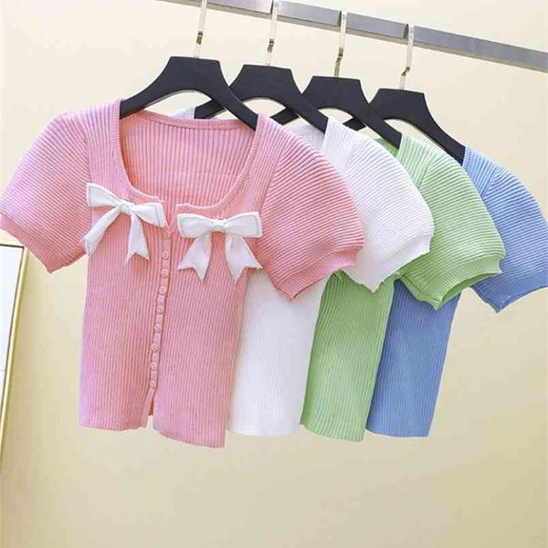 

women's sweet cute bowknot short sleeve slim cardigan sweater korean style knitted thin fashion chic female 210519, White