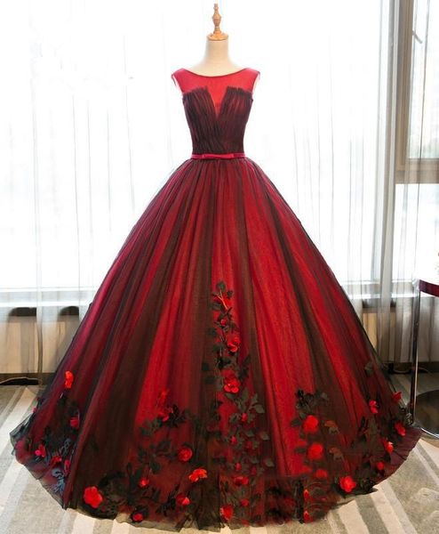 

party dresses tulle evening hand made flower applique o-neck gradient color burgundy, White;black