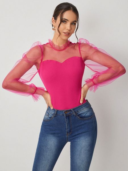 

frill neck sheer mesh puff sleeve g7mj#, White