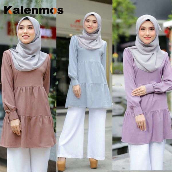

kalenmos autumn muslim long sleeve blouse pullover women o-ne ruffles female shirt blusas femininas islamic clothing 2021, Red