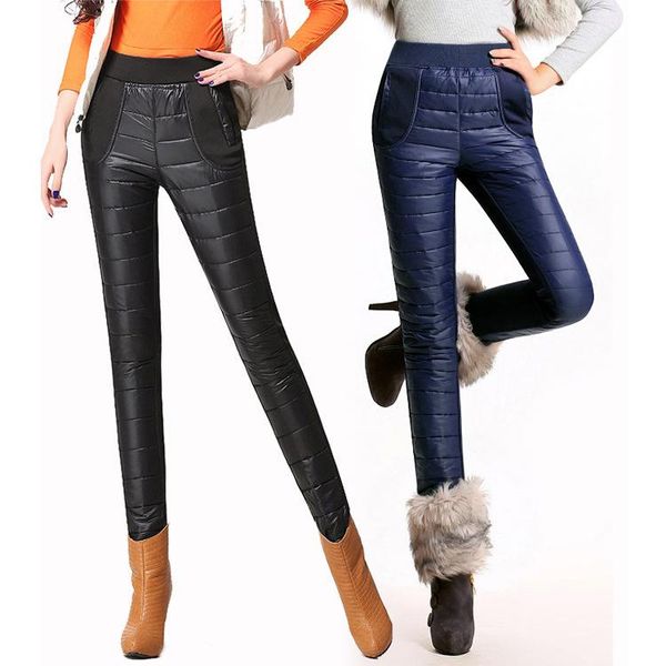 

women's pants & capris winter thick women windproof double down ladies high waist outer wear slim warm patchwork plus size 5xl 6xl, Black;white