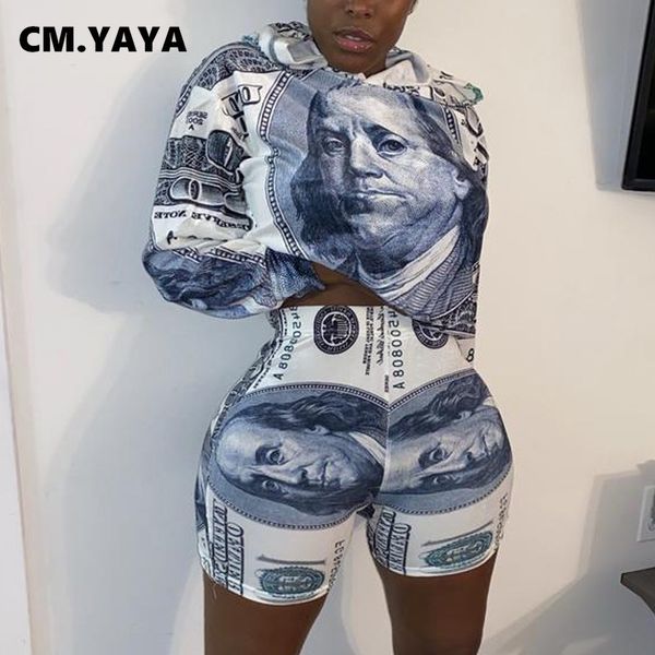 

women two pieces sets dollar print summer trasuits hooded +jogger shorts leggings suit fitness outfitby air, White