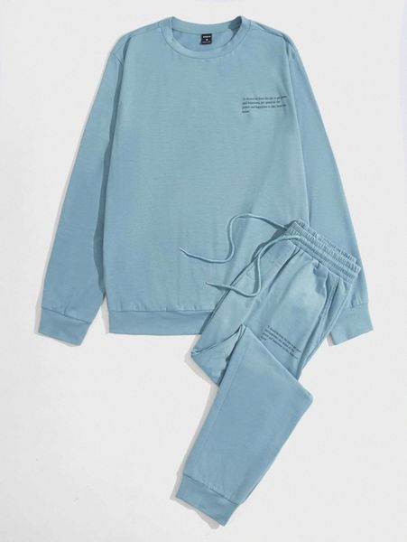 

men slogan graphic sweatshirt & drawstring waist sweatpants s2nx#, Gray