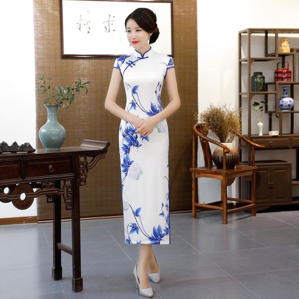 

ethnic clothing 2021 chinese women natural silk cheongsam dress qipao long party wear blue cheongsams dresses embroidered skirt lady, Red