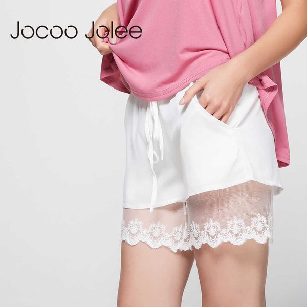 JOCCO JOLEE MID талия женские шорты белые кружевные отделку Drawstring бархатная обертка женщина мода повседневная 210619