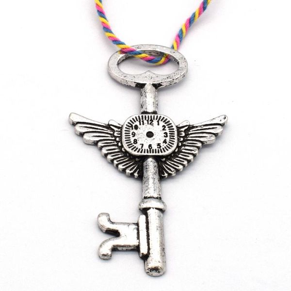 

party favor silver key lock jewelry gift flying clock pendants finish steampunk wing retro embellishment pendant 75mm 6pcs