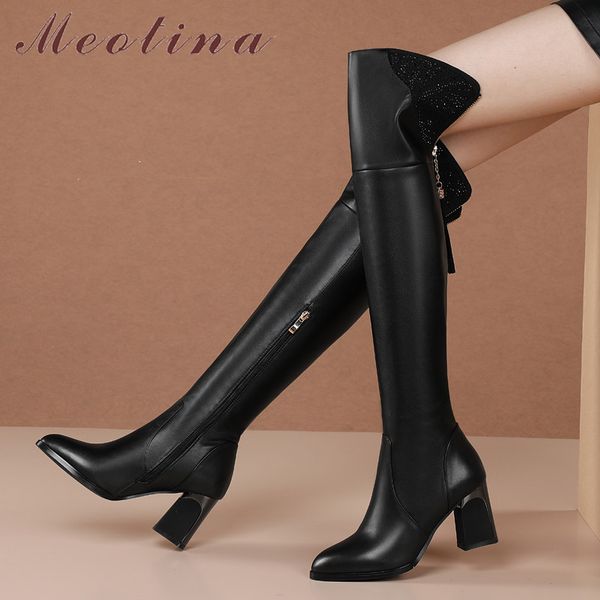 

meotina real leather high heel boots lady overt the knee boots women shoes pointed toe thick heels zip long boots winter black 210520