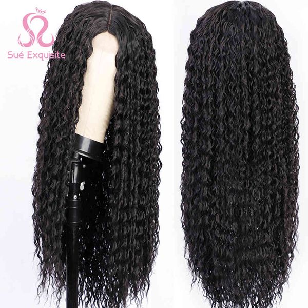 

sue exquisite long kinky curly middle part synthetic wigs for black women cosplay soft heat resistant fiber daily, Black;brown