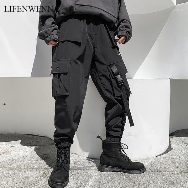 

men's pants lifenwenna streetwear ribbons casual men black loose mens joggers side-pockets man harem harajuku hip hop trousers