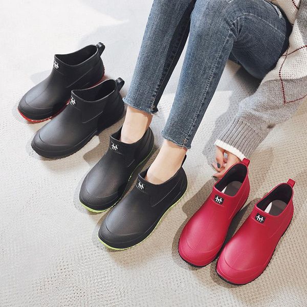 

boots lovers rainboots women's anti-skid ankle fashion flats ladies slip on comfort lightweight woman winter plush shoe, Black