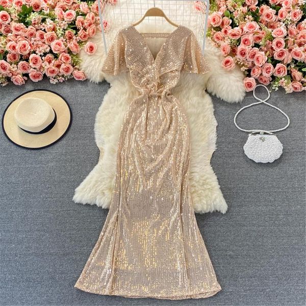 

casual dresses sequins fishtail skinny maxi dress women v neck evening long fashion party robe elegant vestidos female clothing, Black;gray