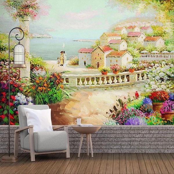 

wallpapers custom size mural garden house pastoral landscape oil painting self adhesive wallpaper bedroom study living room background 3d