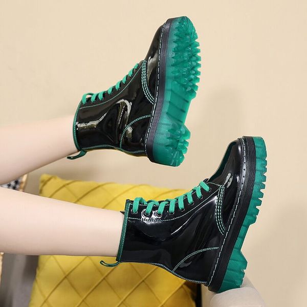 

boots new style girls patent leather fashion thick bottom martin boots womens motorcycle boots womens shoes, Black