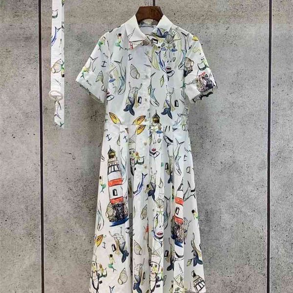 

truevoker high street designer 100% cotton dress lady shirt collar print belted mujer party robe 210602, Black;gray