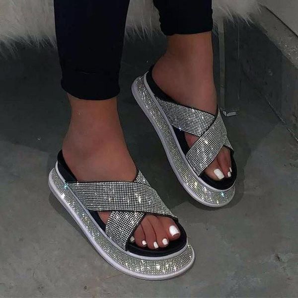 

slippers women summer sandals flats shoes woman party plus size shiny crystal slides sandalias mujer sapato feminino, Black