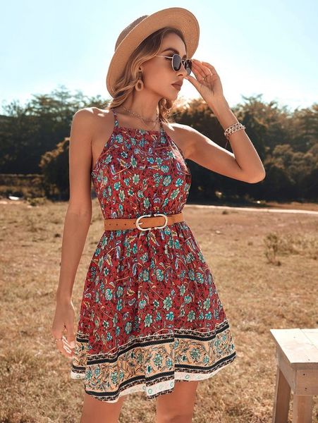

floral print halter dress without belt she, Black;gray