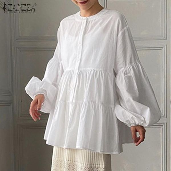 

women's blouses & shirts zanzea women ruffle blouse 2021 spring autumn office lady puff sleeve casual solid button a-line oversize blu, White