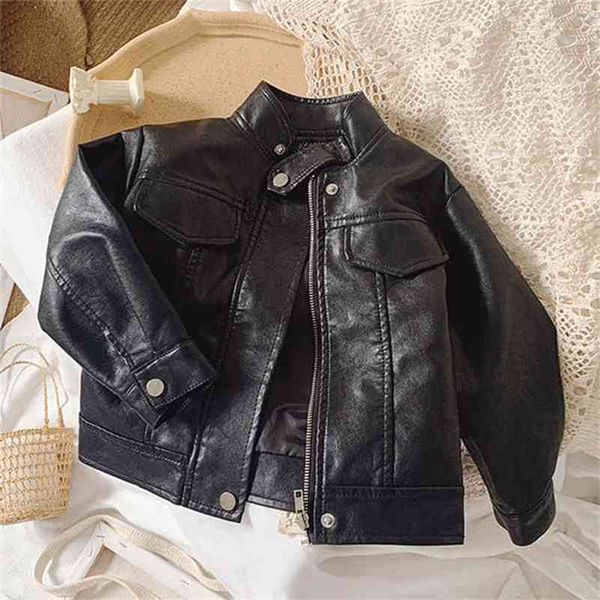 Девушки кожаные куртки Осень детей Корейский стиль моды пальто короткий воротник для мотоцикла 210625