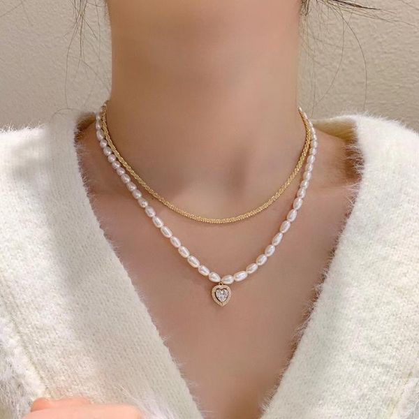 

chains natural white freshwater pearls necklace style two layer zircon heart pendant for women jewelry, Silver