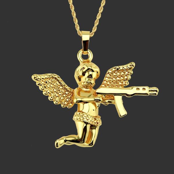 

pendant necklaces angel with a gun necklace for men hiphop charm collar hip hop jewelry gift drop, Silver