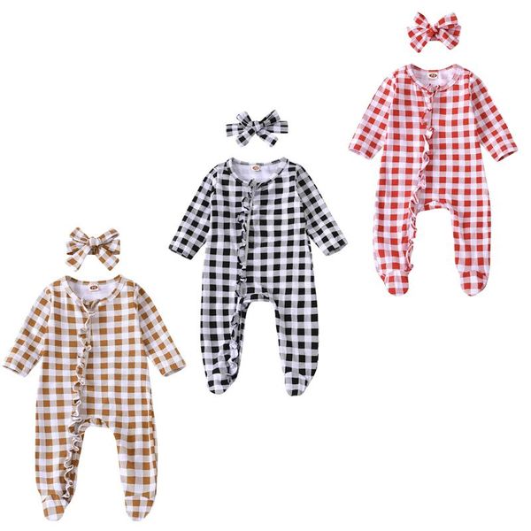 

jumpsuits focusnorm born baby girls boys rompers 0-6m long sleeve ruffles zipper plaid print, Blue