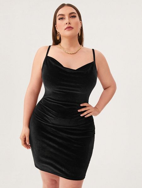 

plus cowl neck velvet bodycon dress 44cg#, Black