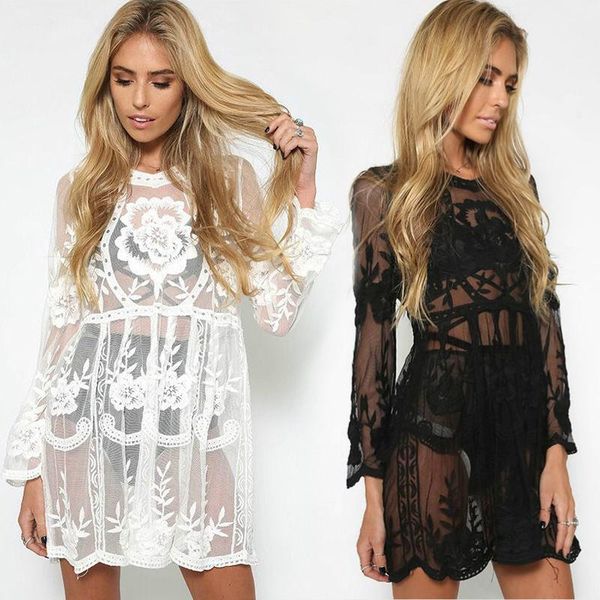 

summer beach dress women floral lace mesh sheer mini swimwear cover-ups boho club robe de plage casual dresses, Black;gray