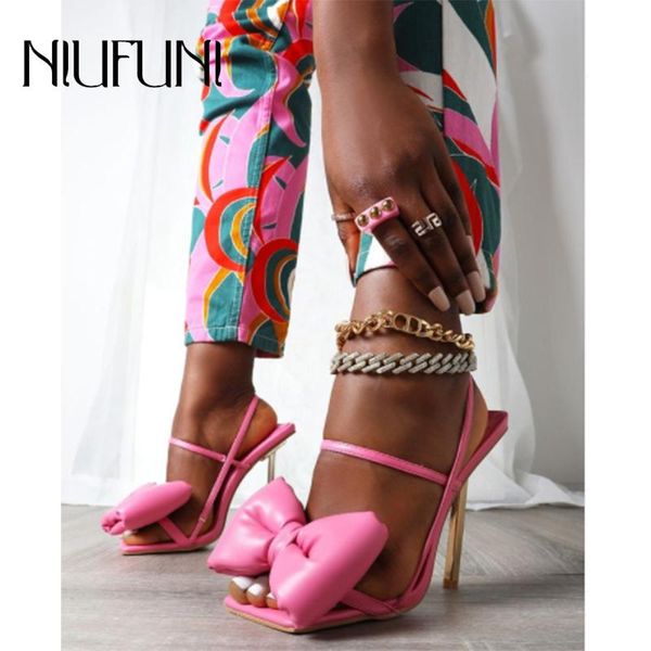 

sandals niufuni summer stiletto bow open toe elastic band women's gladiator shoes slides slip-on hollow metal plating heels, Black
