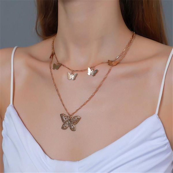 

simple retro cute bilayer hollowing out butterfly pendants clavicle chain choker necklace for women shiny temperament female chokers, Golden;silver