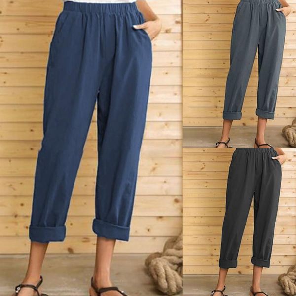 

women's pants & capris women summer casual pure color elastic waist linen pockets ankle trousers soft for female ladys, Black;white