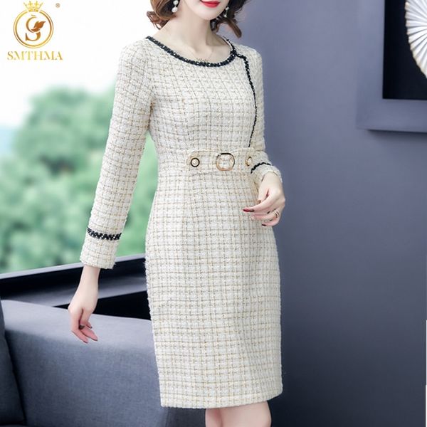 

autumn winter runway women elegant beaded tweed woolen dress robe ladies long sleeve fashion temperament 210520, Black;gray