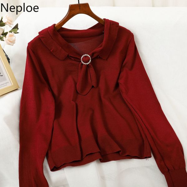 

neploe knitted pulloves solid color chic new v-neck bow sweaters for women fall clothes loose all-match juper coat female 4h203 210422, White;black