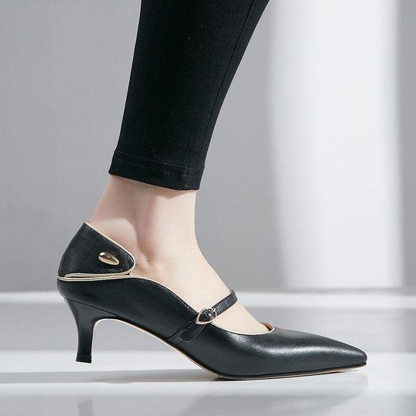 

dress shoes yd-ever genuine leather buckle straps hollywood movie stars big size 43 42 41 stiletto med heels strange design pumps l10-a, Black