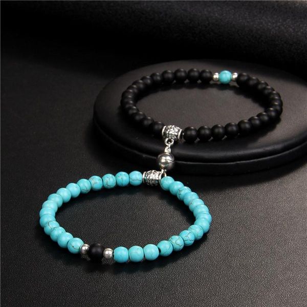 

beaded, strands fashion 2pcs/set natural stone beads bracelet couples round 6mm turquoises onyx beaded magnet jewelry for women men, Black