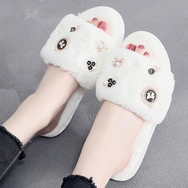

slippers winter women warm cartoon comfortable house indoor shoes plush rhinestone ladies slides chaussure femme s661, Black