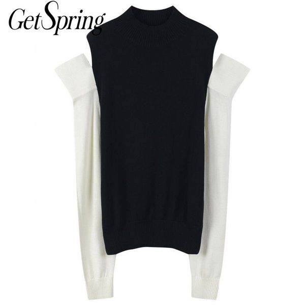 

getspring women sweater color matching off shoulder knit asymmetry black vintage fashion 210601, White;black