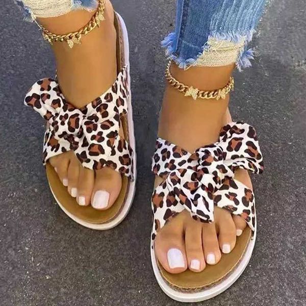 

rimocy summer women leopard bow slippers casual outdoor cross strap flat flip flops woman beach slides plus size 43 ladies 210528, Black