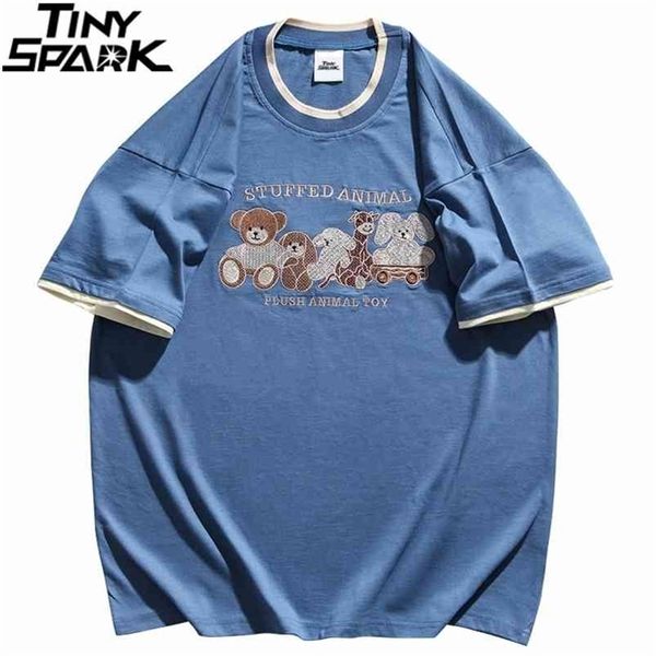 Erkekler Streetwear Tshirt Hip Hop Nakış Ayı Zürafa Mektup T Gömlek Harajuku Pamuk Kısa Kollu T-shirt Yaz Tops Tees 210716