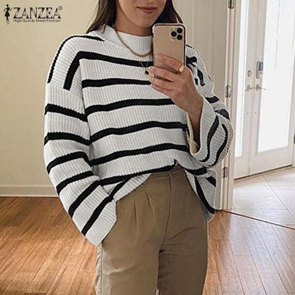 

women's sweaters oversized fashion 2022 spring autumn vintage striped pullover casual long sleeve o-neck loose streetwear, White;black