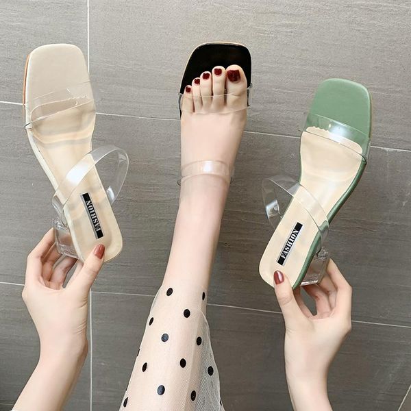 

slippers xixiyipin 2021 plus size 35-45 transparent pvc thong women high heels summer outdoor slides for woman sandals, Black